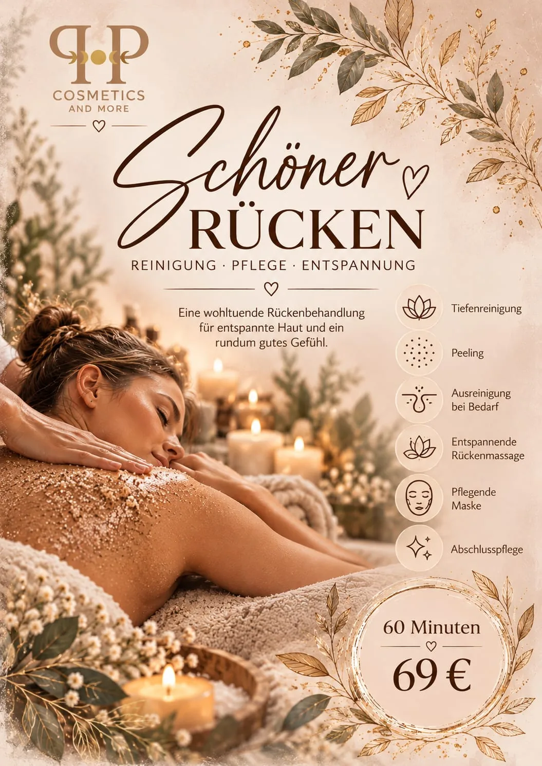 Flyer Schöner Rücken: Rückenbehandlung mit Reinigung, Pflege und Massage, 60 Minuten, 69 Euro